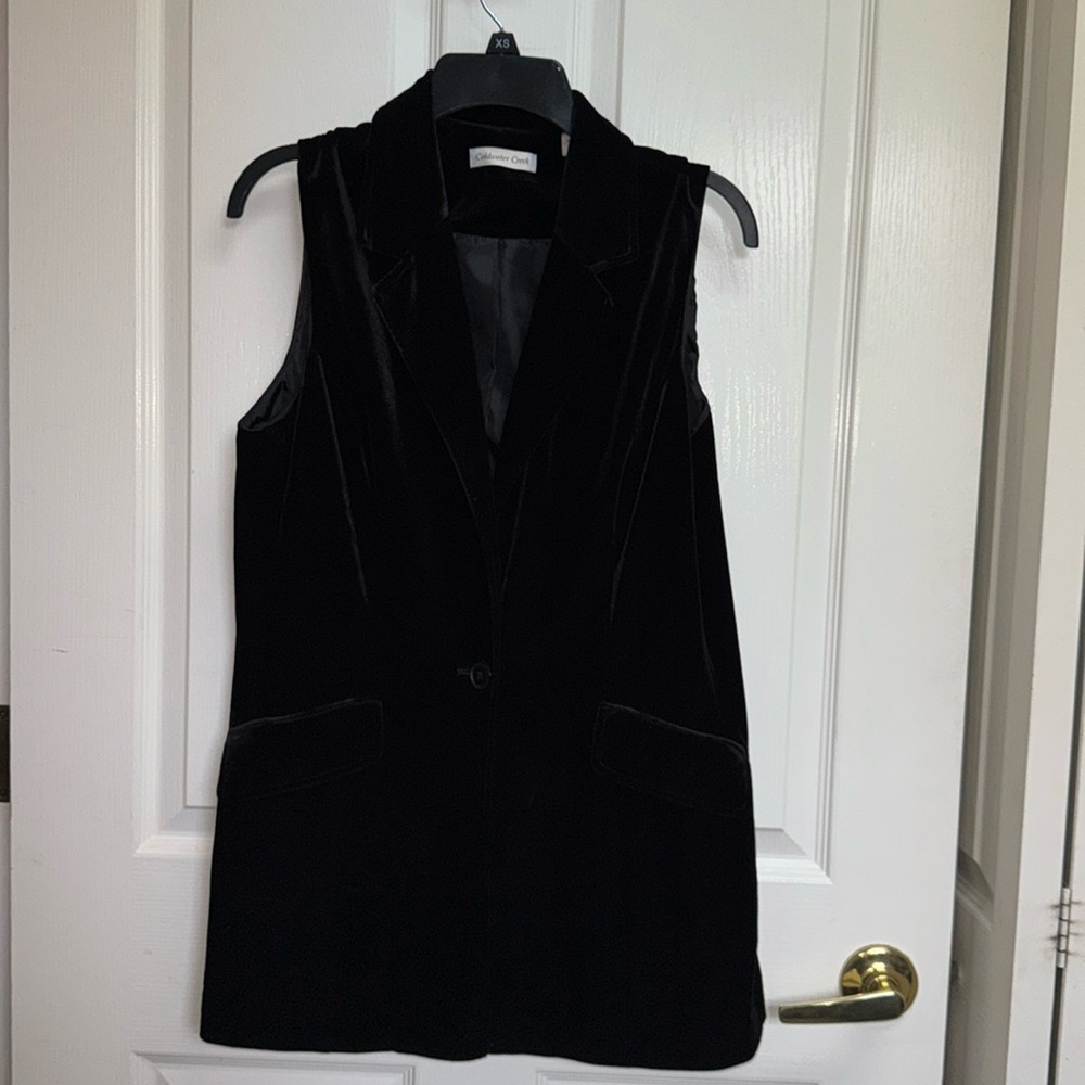 Coldwater Creek women's 12 sleeveless lined tunic black velour collar 1 button